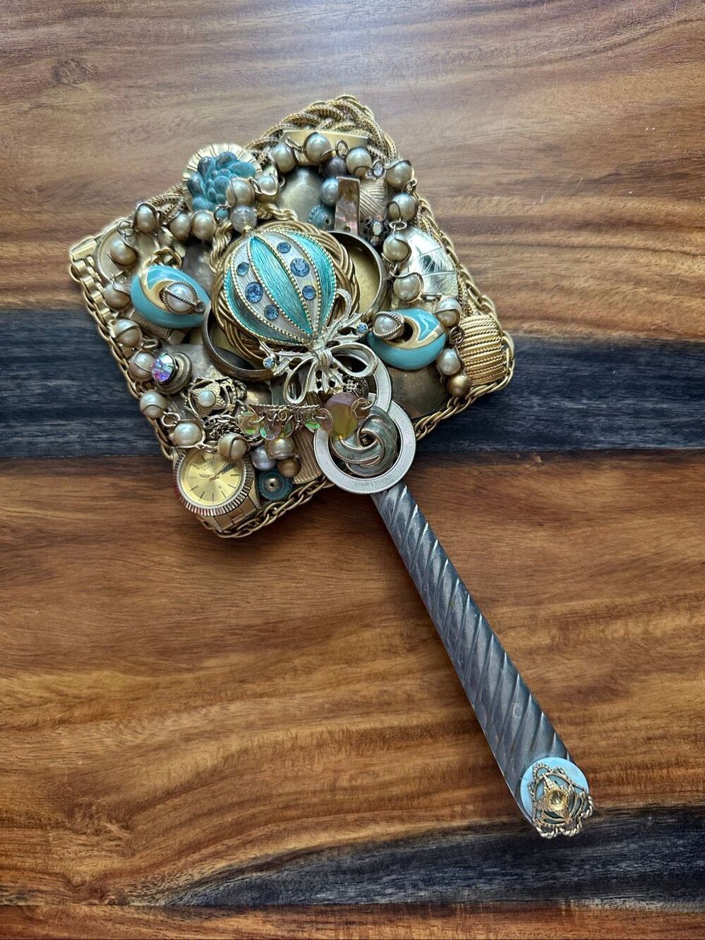 Vintage One of A Kind Bejeweled Handheld Mirror
